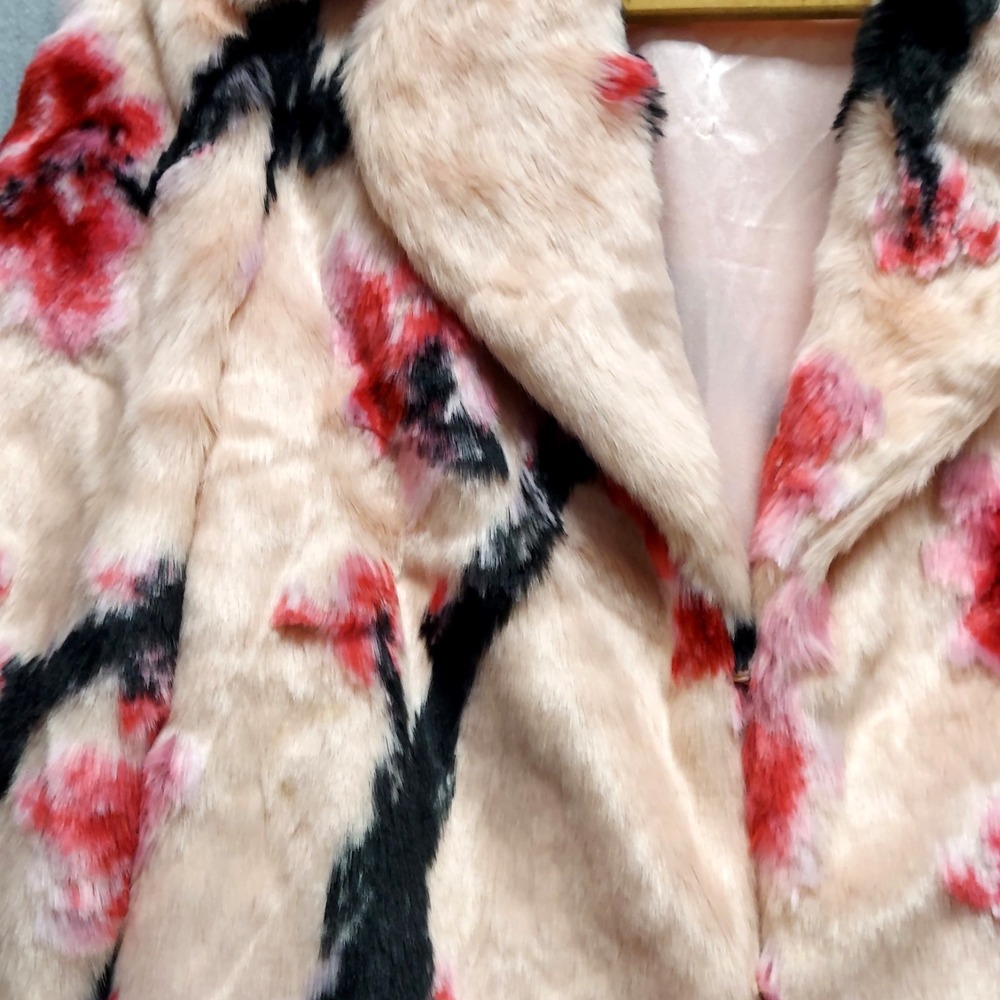 GUESS Faux Fur Floral Coat Womens XS Pink Cherry Blossom Y2K Glam Luxe Jacket - Picture 3 of 16